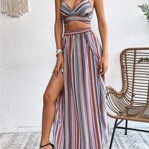 SHEIN Multicolor Striped Wrap Bikini Coverup Skirt